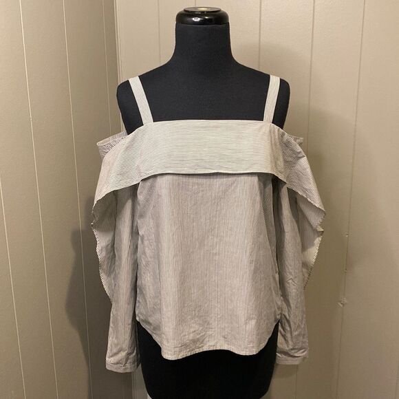 ALLSAINTS ~ Medium ~ Poplin Cotton Micro KHAN STRIPE Frill Off Shoulder Top 008 - Picture 2 of 8